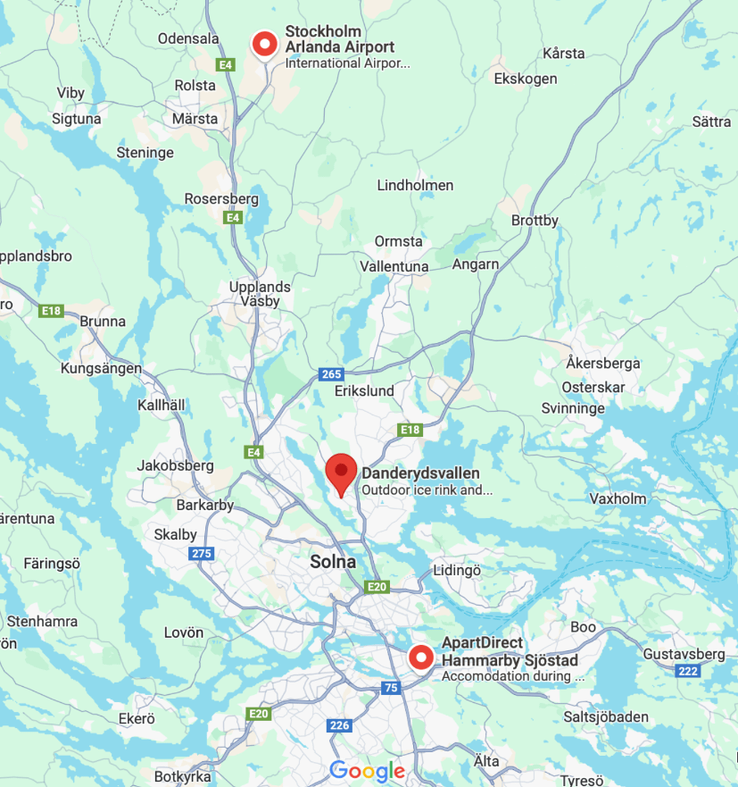 Map of Stockholm with markers of relevant tournament locations